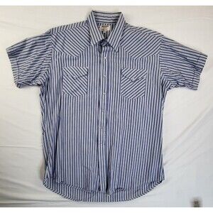 VTG Ruddock Western Shirt Pearl Snap Blue/White Striped Made in USA Mens Sz 18.5